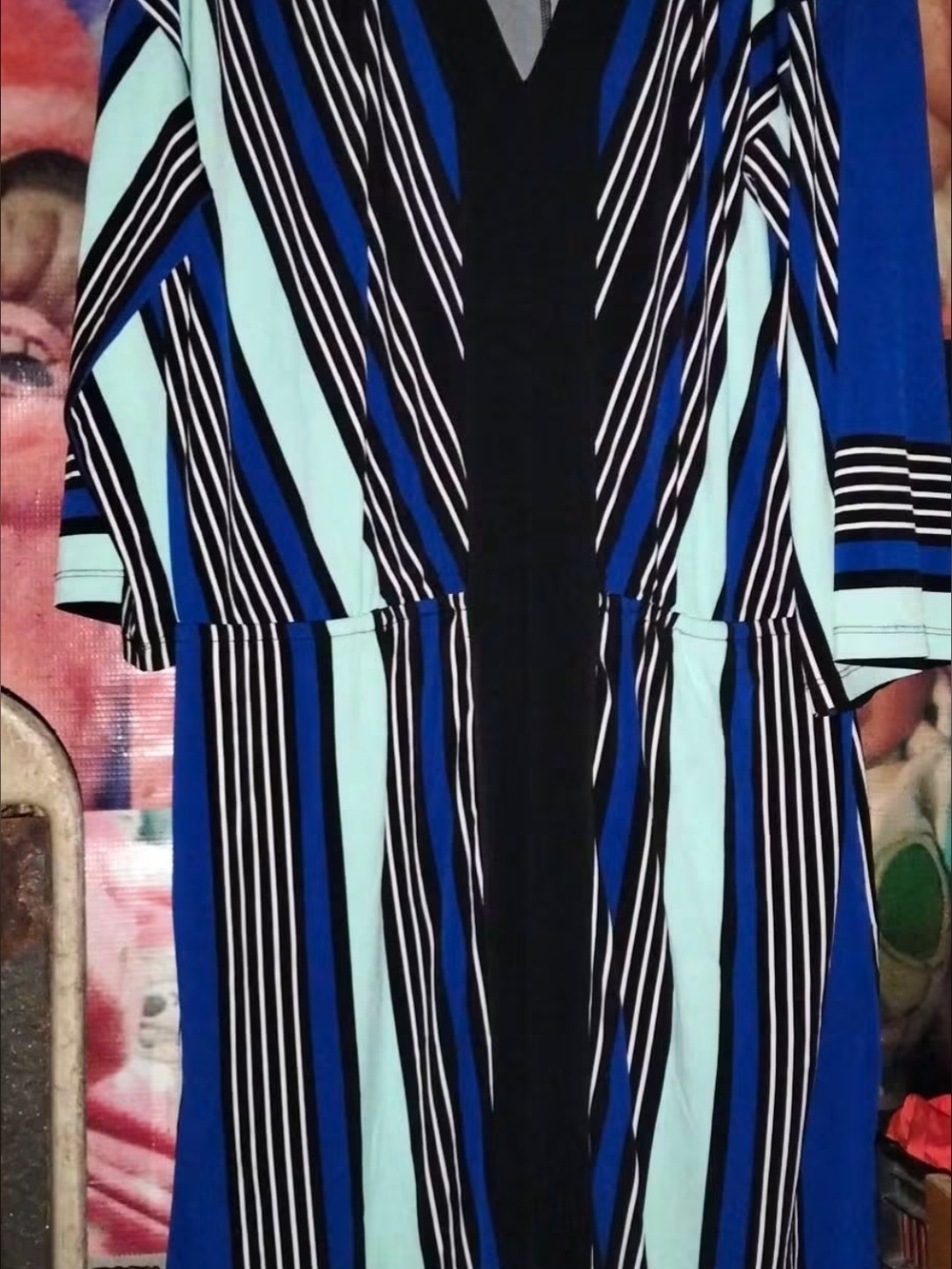 New York & Company Black, Blue & Aqua Striped V-Neck Midi Dress